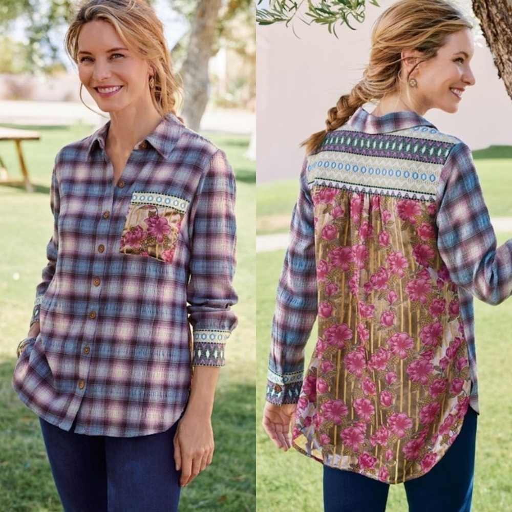 Soft Surroundings Rosebay Embroidered Burnout Velvet Button Up Shirt Size Large